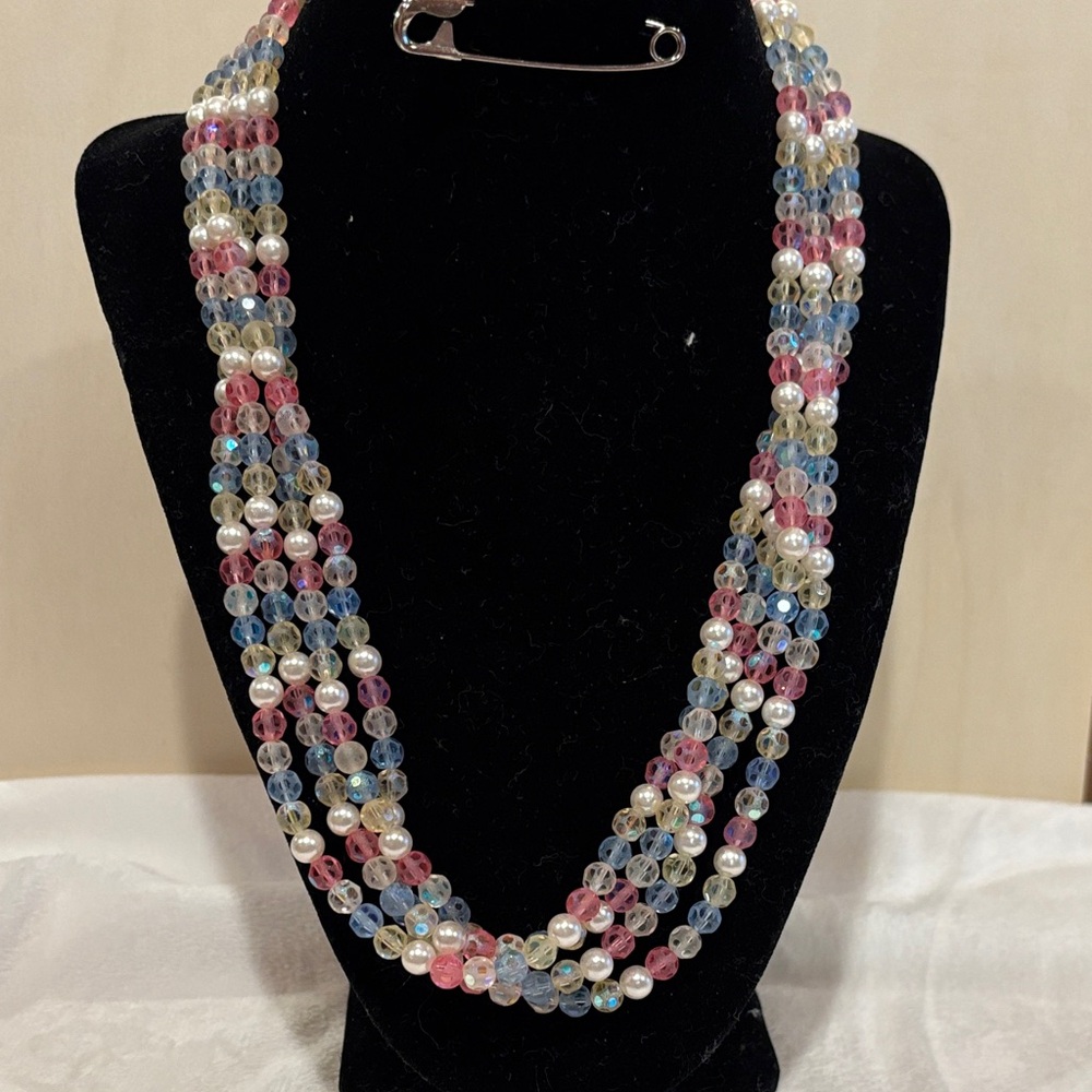 Elegant Multicolor Czech Faceted Glass Beaded. Four Strand Necklace
